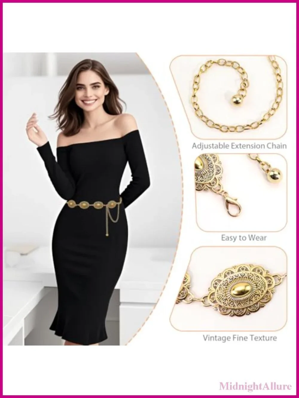 Western Concho Chain Belt Metal Alloy Adjustable Cowgirl Waist Belt for Country
